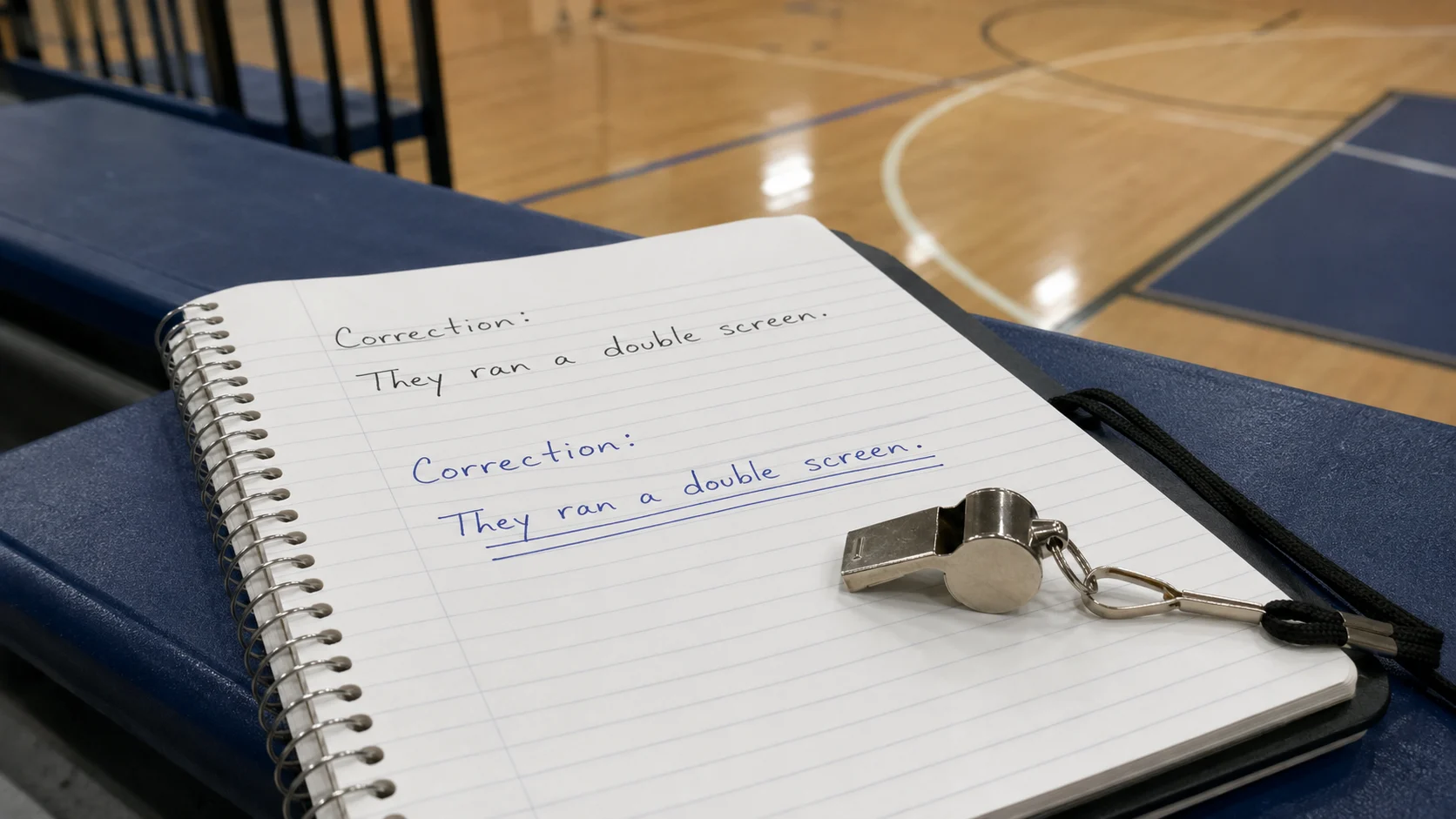 Notebook open on bleachers, whistle on page, same note written twice