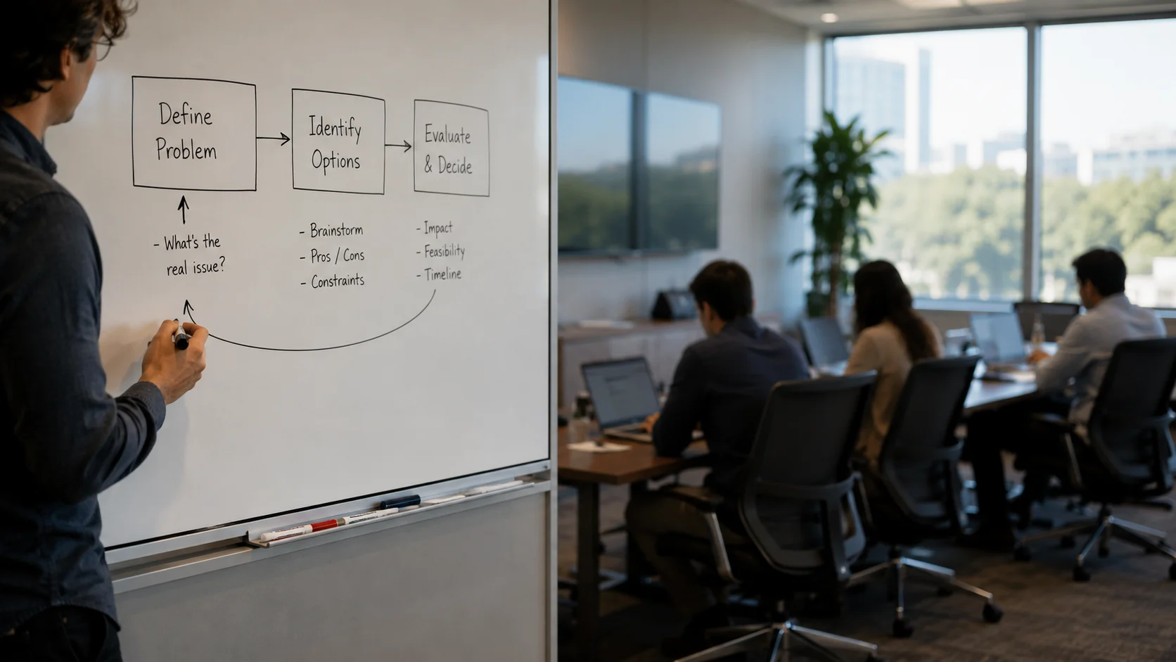 marker in hand at a whiteboard, chairs turned away behind