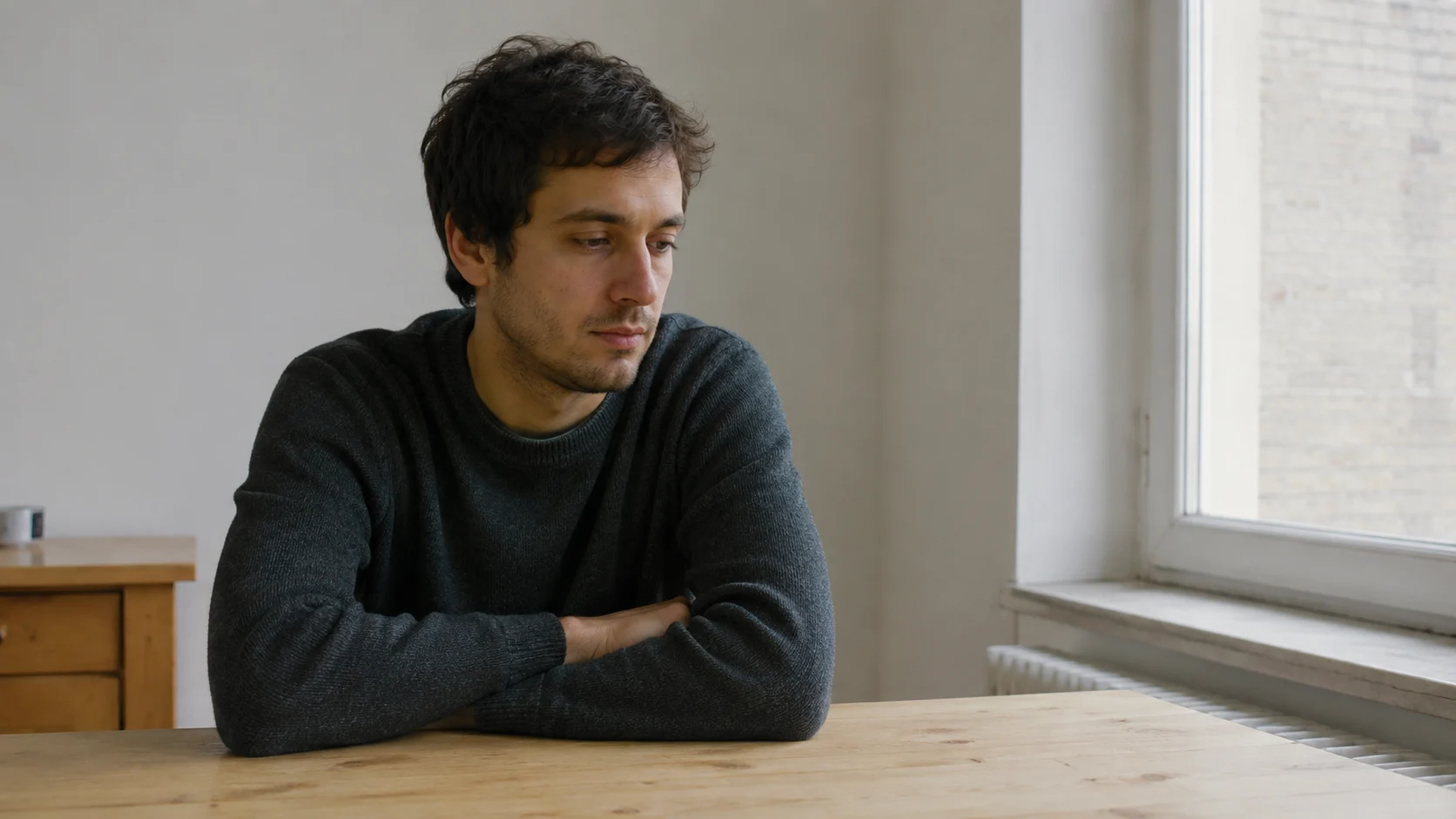 A person sitting alone at a plain indoor table in quiet natural light, arms resting, gaze unfocused, a moment of stillness that reads as absence rather than rest.