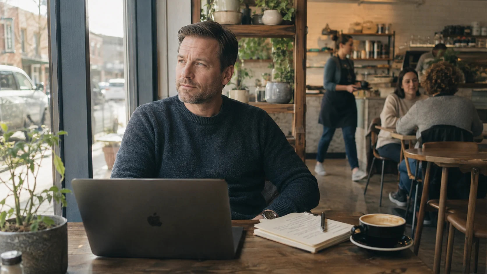 Person paused at café table with laptop and notebook, coffee untouched in late afternoon light