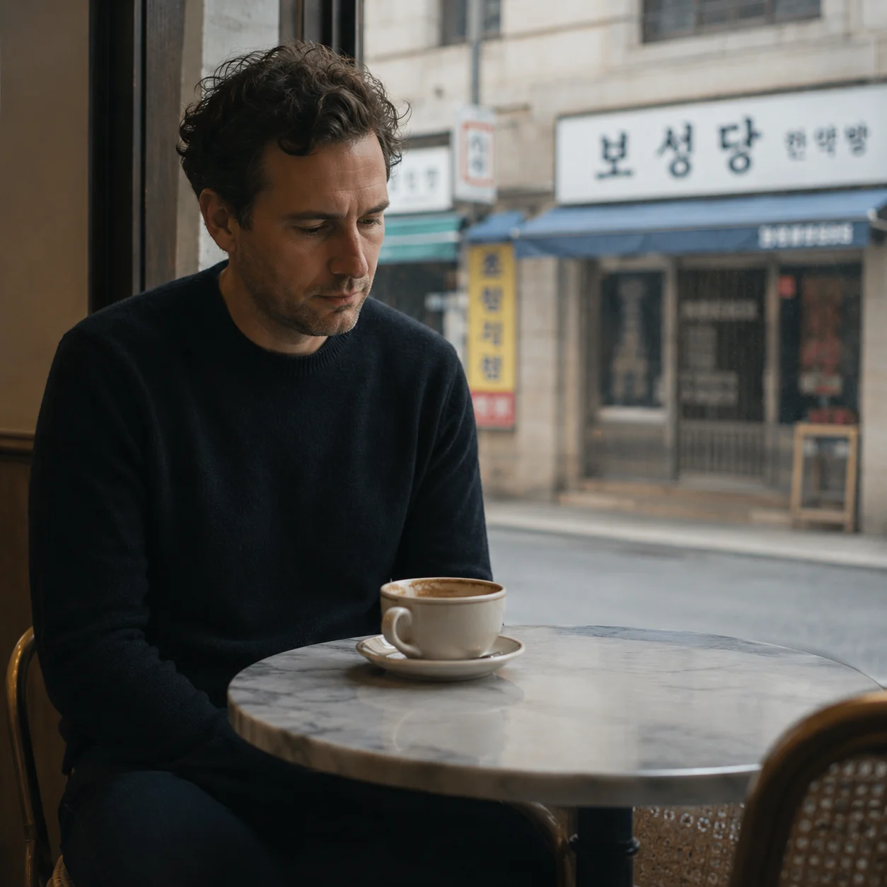 Person sitting alone at café table in unfamiliar city, looking slightly past their coffee cup with a still, processing expression