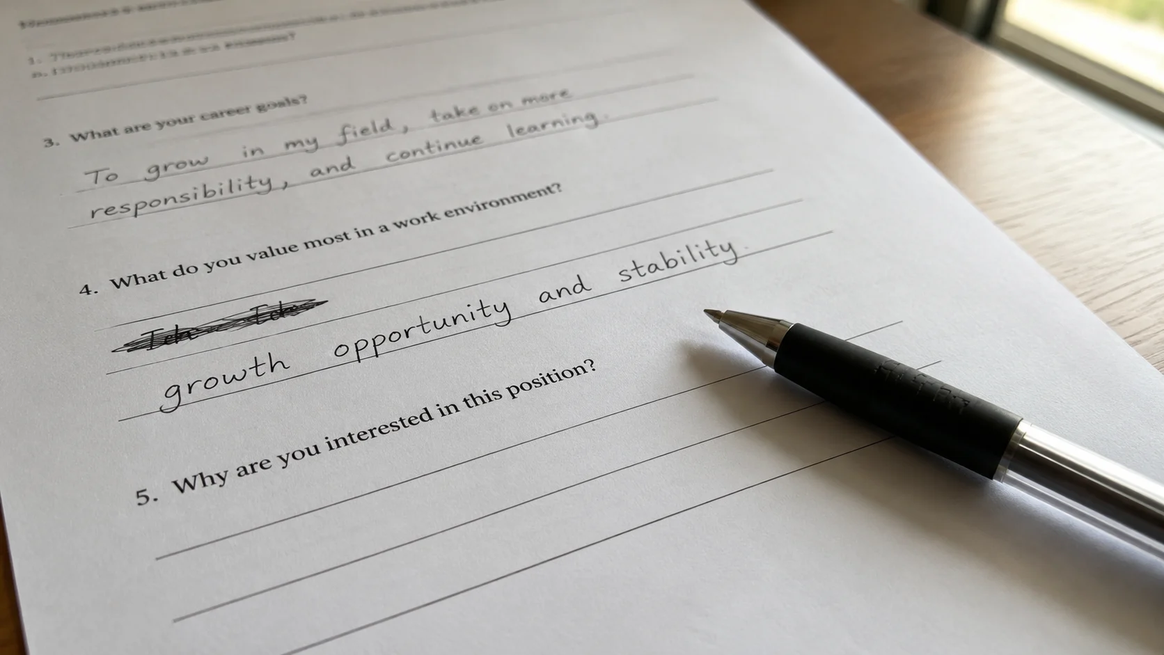 handwritten job application form with a crossed-out line and a pen set down
