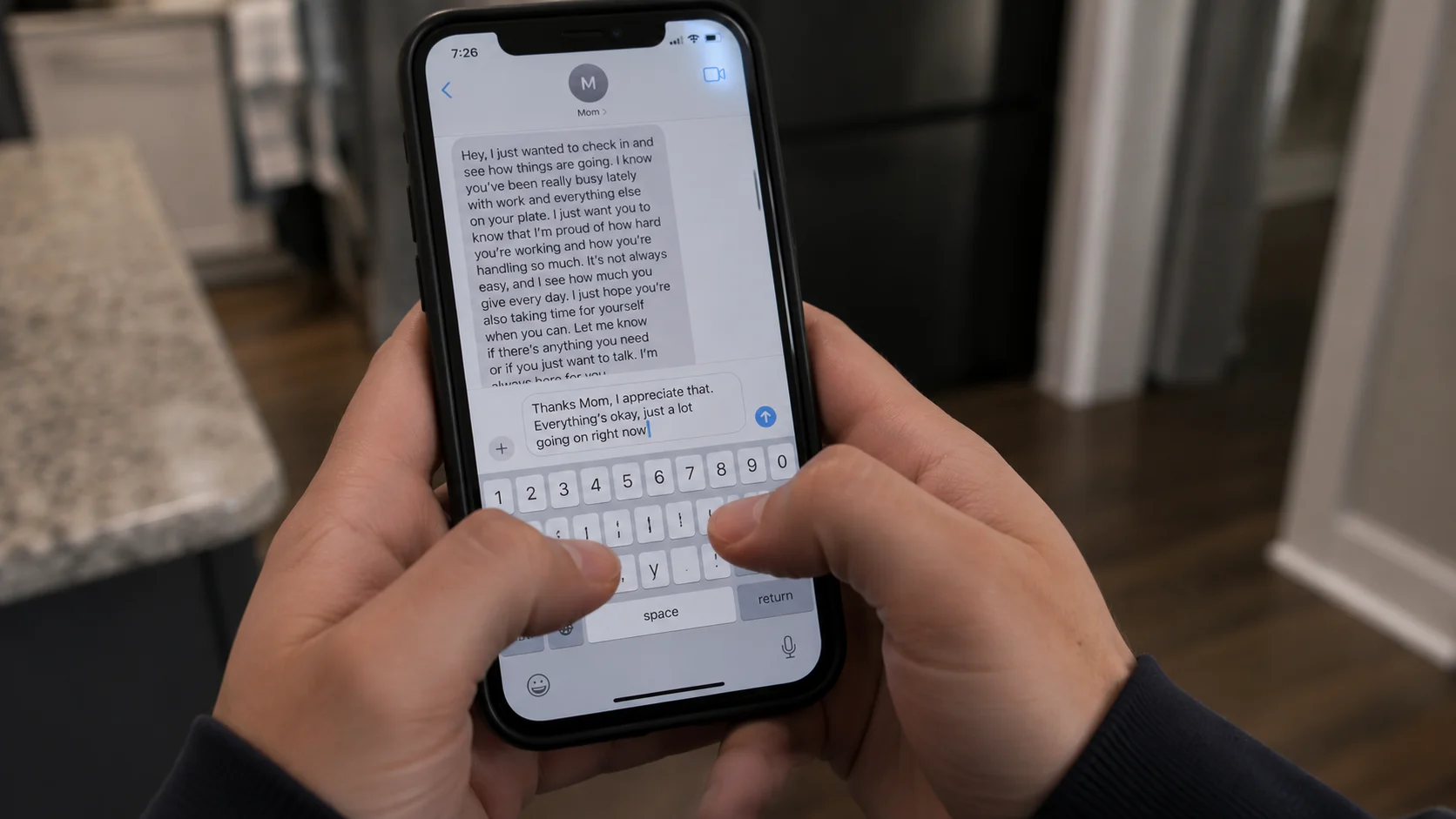 thumbs typing a reply on a phone, message still scrolling above