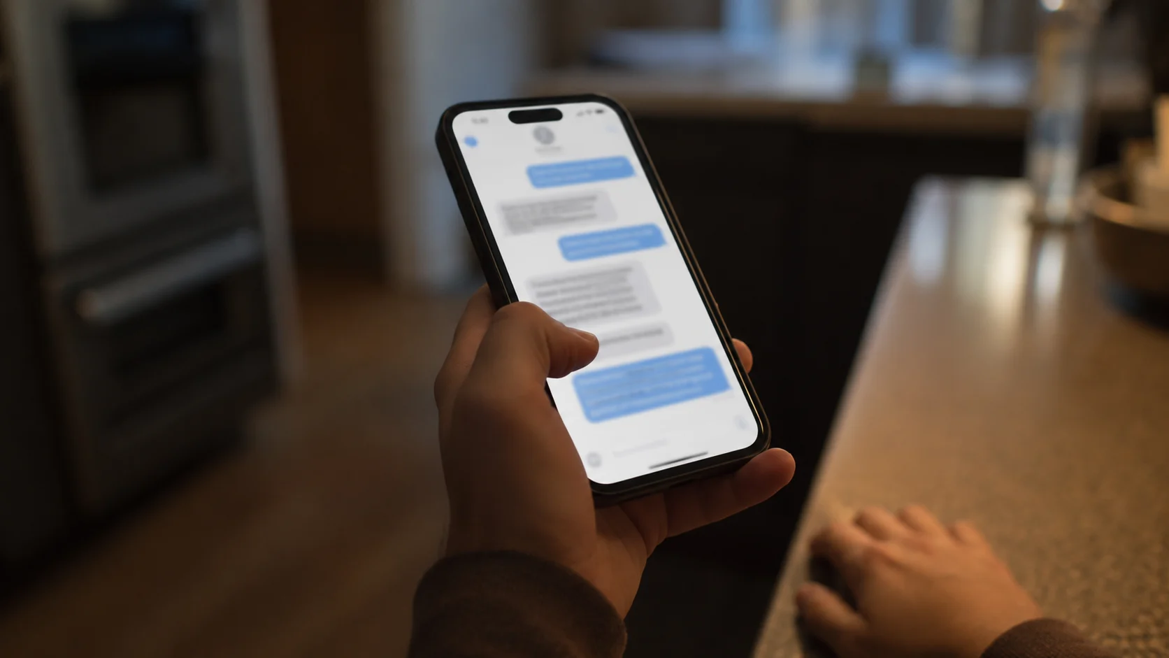 thumb scrolling back up to an old message on a phone