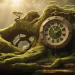 Featured image for quotes on patience and time, showing a mossy, ancient clock and a bonsai tree to symbolize slow, natural growth.