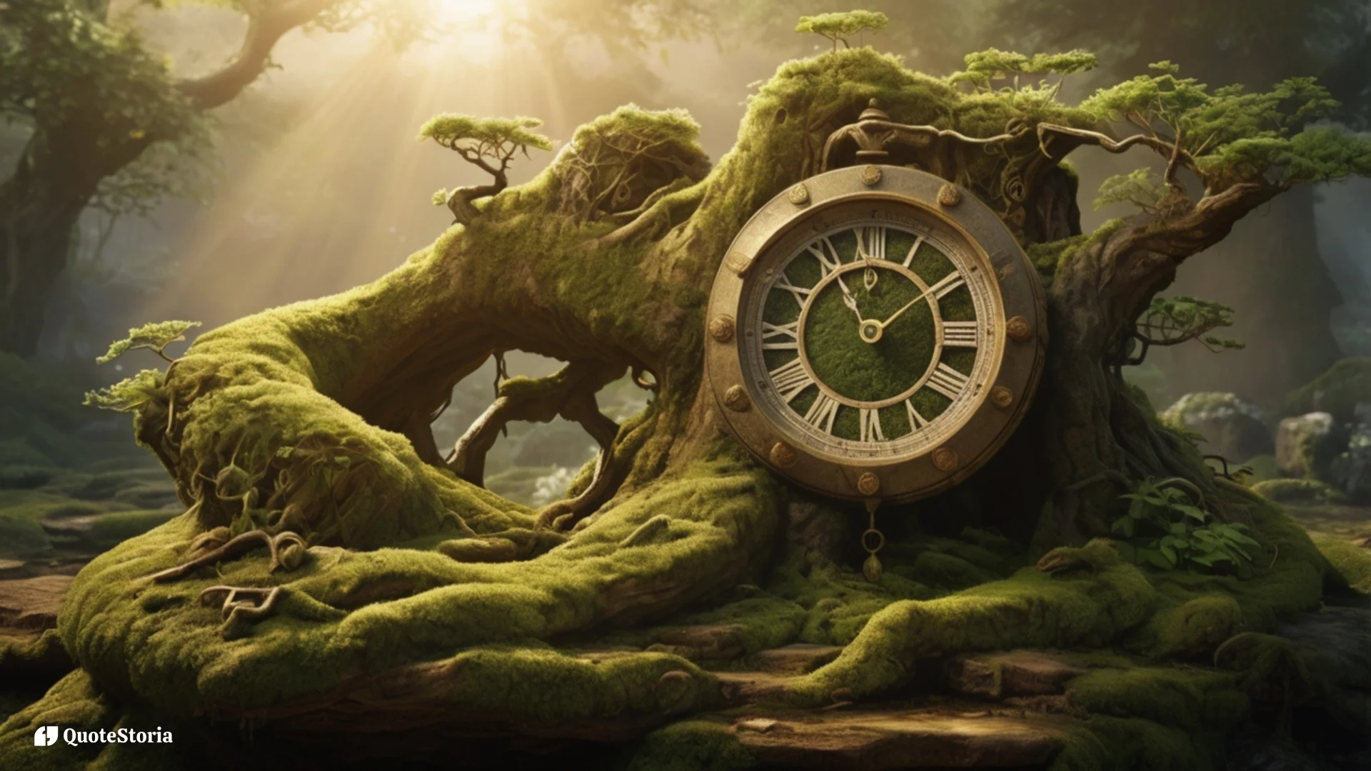 Featured image for quotes on patience and time, showing a mossy, ancient clock and a bonsai tree to symbolize slow, natural growth.