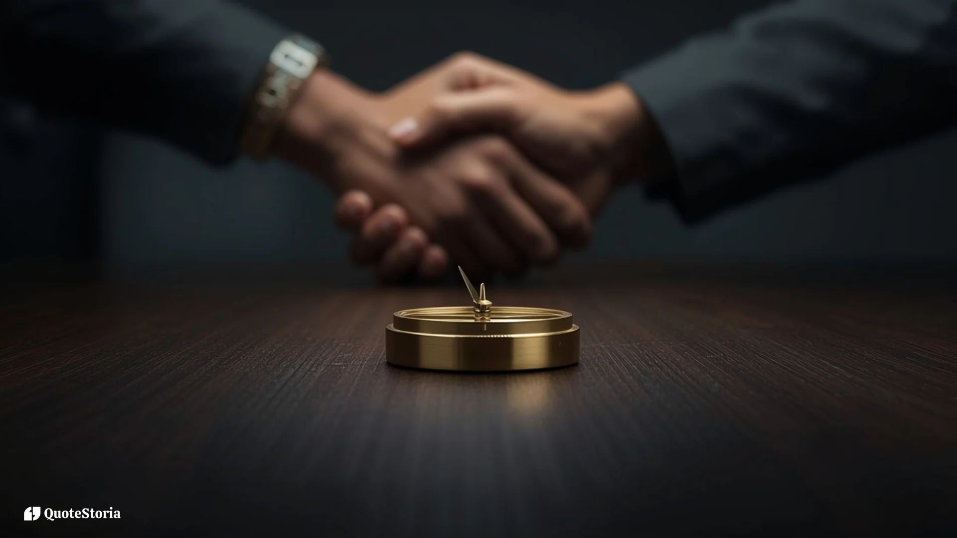 Featured image for the quotes on leadership and influence post showing a bronze compass pointing forward on a dark table, symbolizing clear direction and conviction.