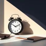 Featured image for a quote on productivity showing a minimalist desk with a clock, notebook, and focused lighting.