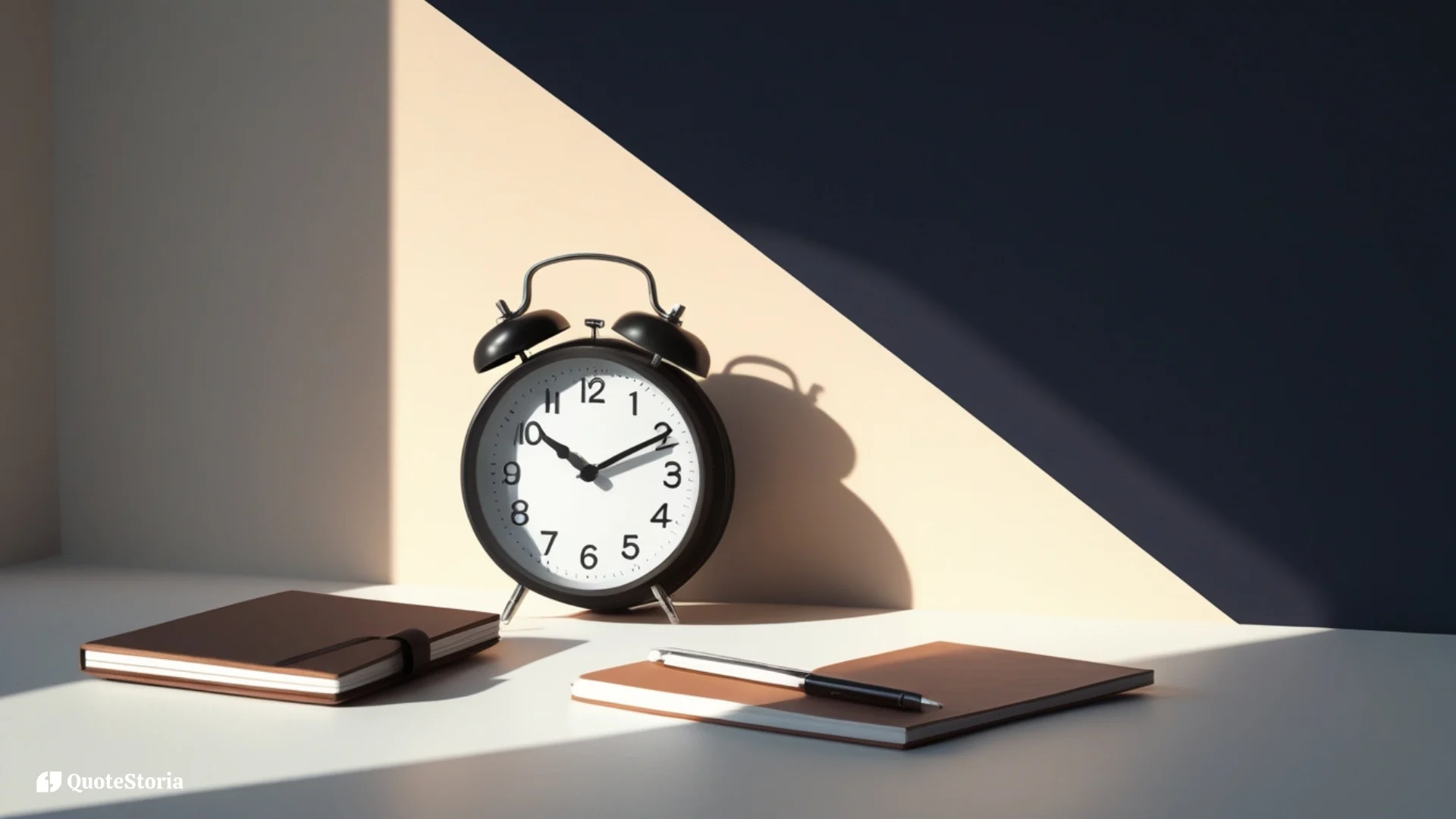 Featured image for a quote on productivity showing a minimalist desk with a clock, notebook, and focused lighting.