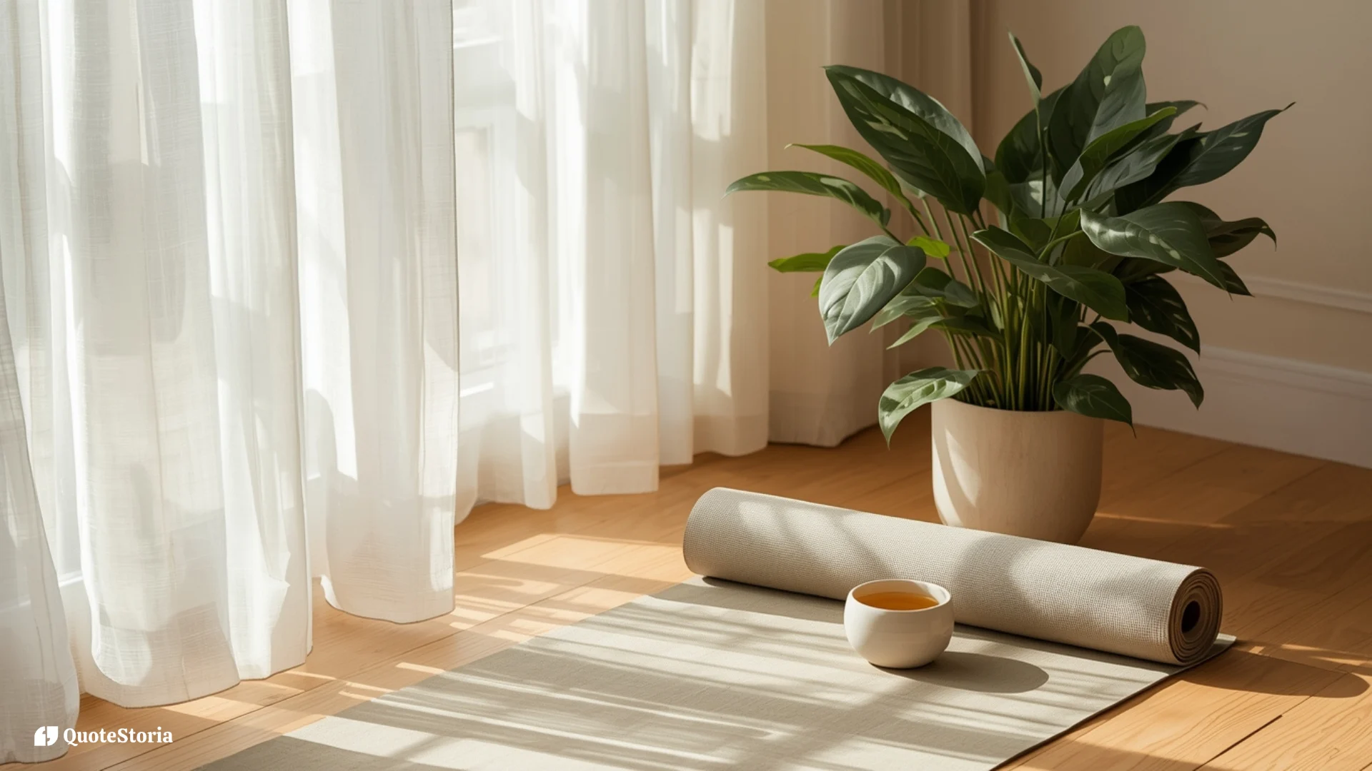 Featured image for quotes on health, wellness, and self-care showing a calm sunlit space with plants, tea, and yoga mat.