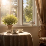 Featured image for quotes about living in the present moment showing a sunlit cozy corner with a steaming tea cup.