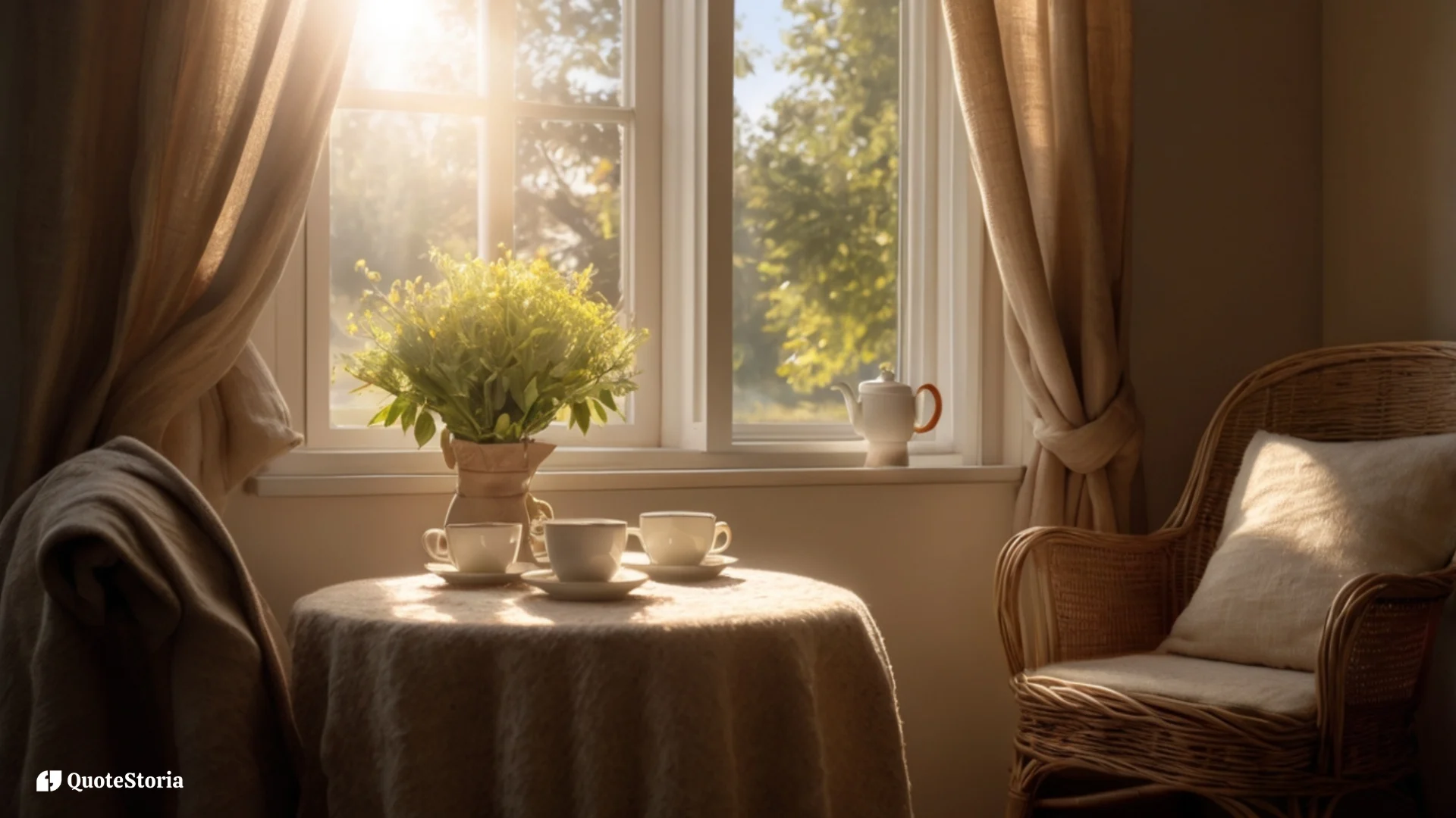 Featured image for quotes about living in the present moment showing a sunlit cozy corner with a steaming tea cup.