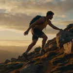 Featured image illustrating quotes on the importance of effort and hard work, showing a determined person pushing a boulder uphill at sunrise.