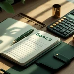Featured image for quotes on money mindset and managing wealth showing a notebook, coins, and calculator on a minimalist desk.