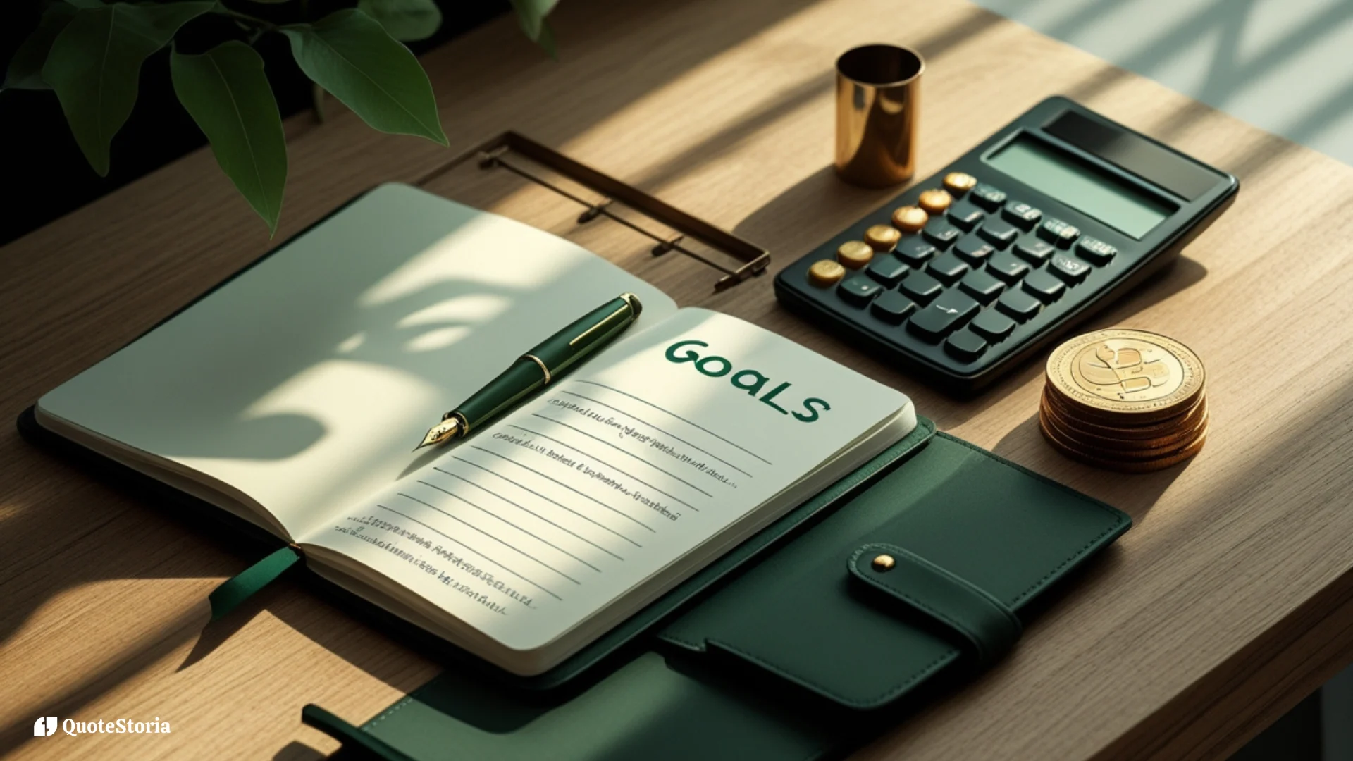 Featured image for quotes on money mindset and managing wealth showing a notebook, coins, and calculator on a minimalist desk.