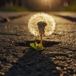 Dramatic image symbolizing overcoming failure, showing a glowing heart-shaped hole in cracked asphalt where a single dandelion is thriving.