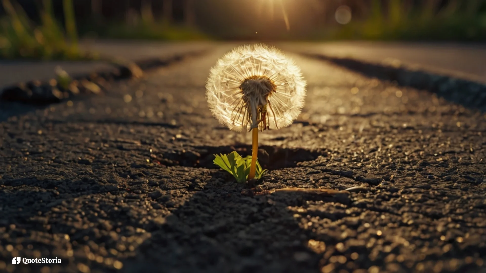 Dramatic image symbolizing overcoming failure, showing a glowing heart-shaped hole in cracked asphalt where a single dandelion is thriving.