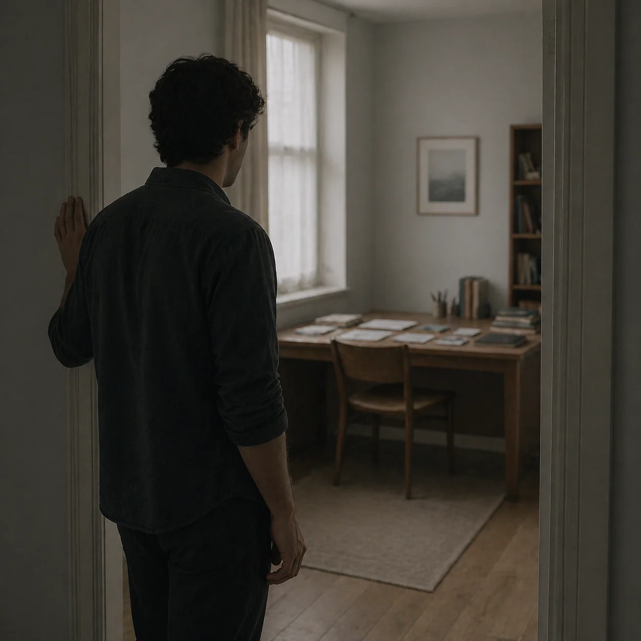 Person standing still in dim hallway at dusk, day ending, no action taken, quiet and unhurried.