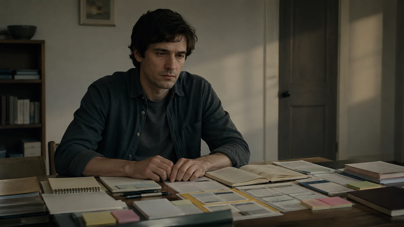Person seated at organized desk, hands still, surrounded by preparation materials, nothing yet begun.
