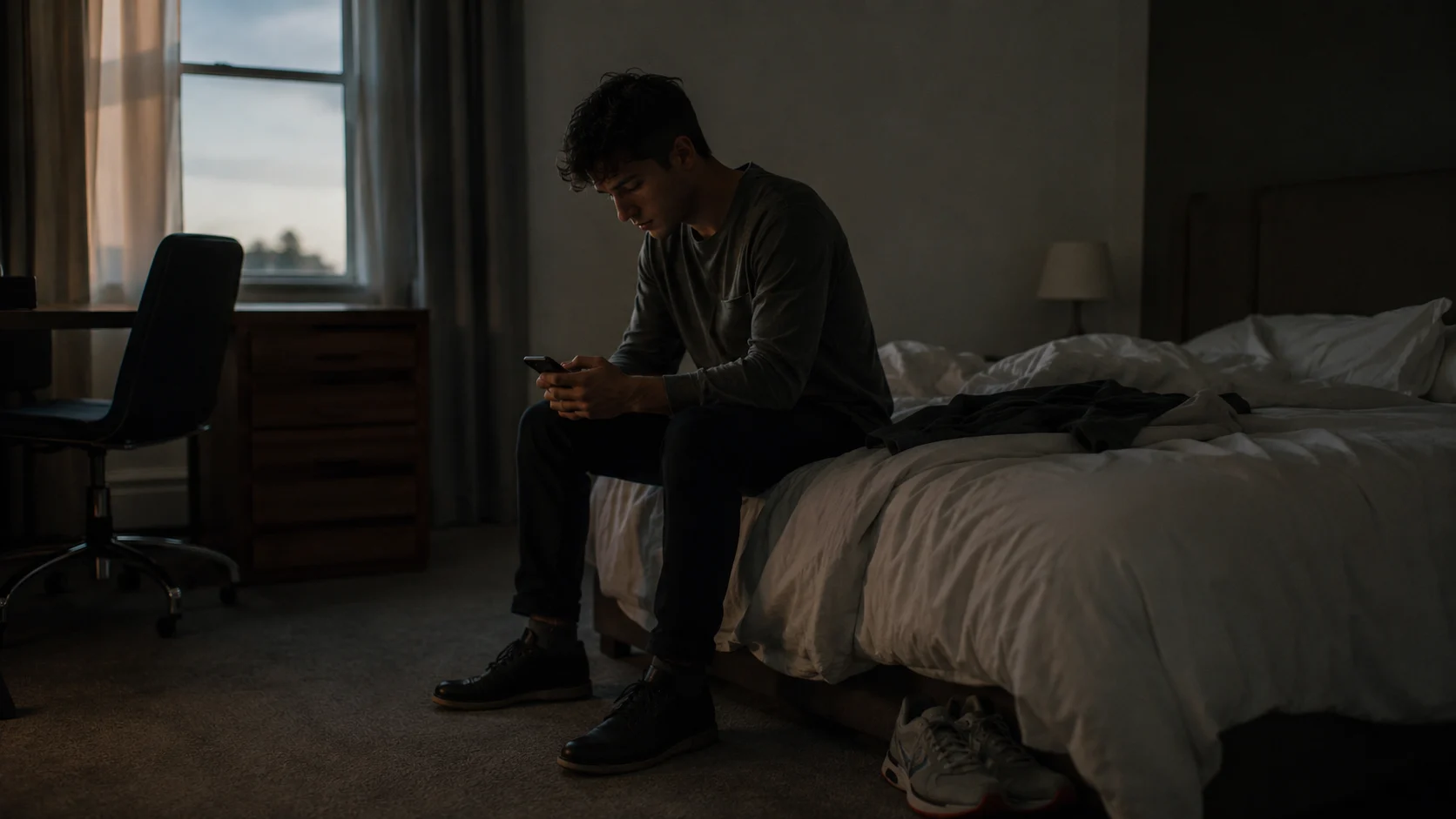 A person sits still on the edge of a bed in dim light, phone in hand, running shoes unused on the floor nearby, a quiet moment after the low-effort option was taken without a visible decision.