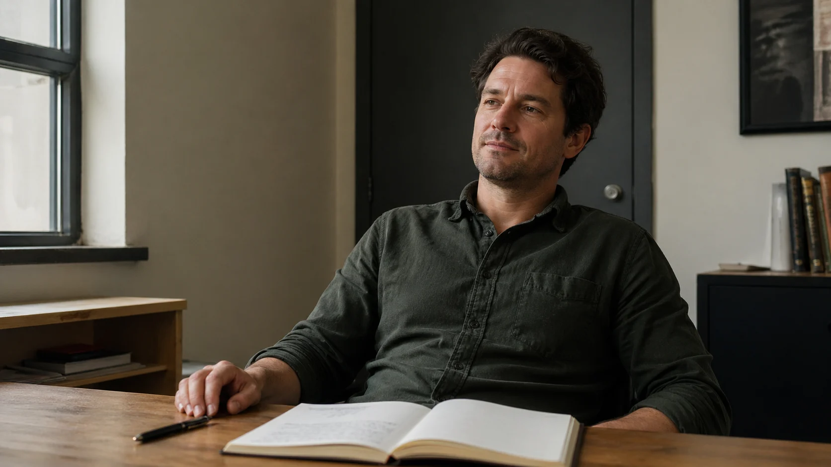 Man seated at table, pen set down, expression of quiet satisfaction after writing, natural light