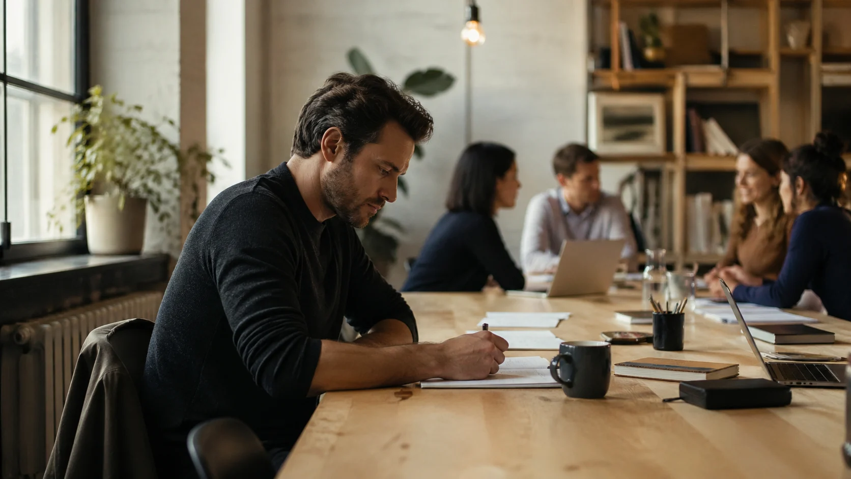 A focused man sits alone at a work table while others collaborate warmly in the background.