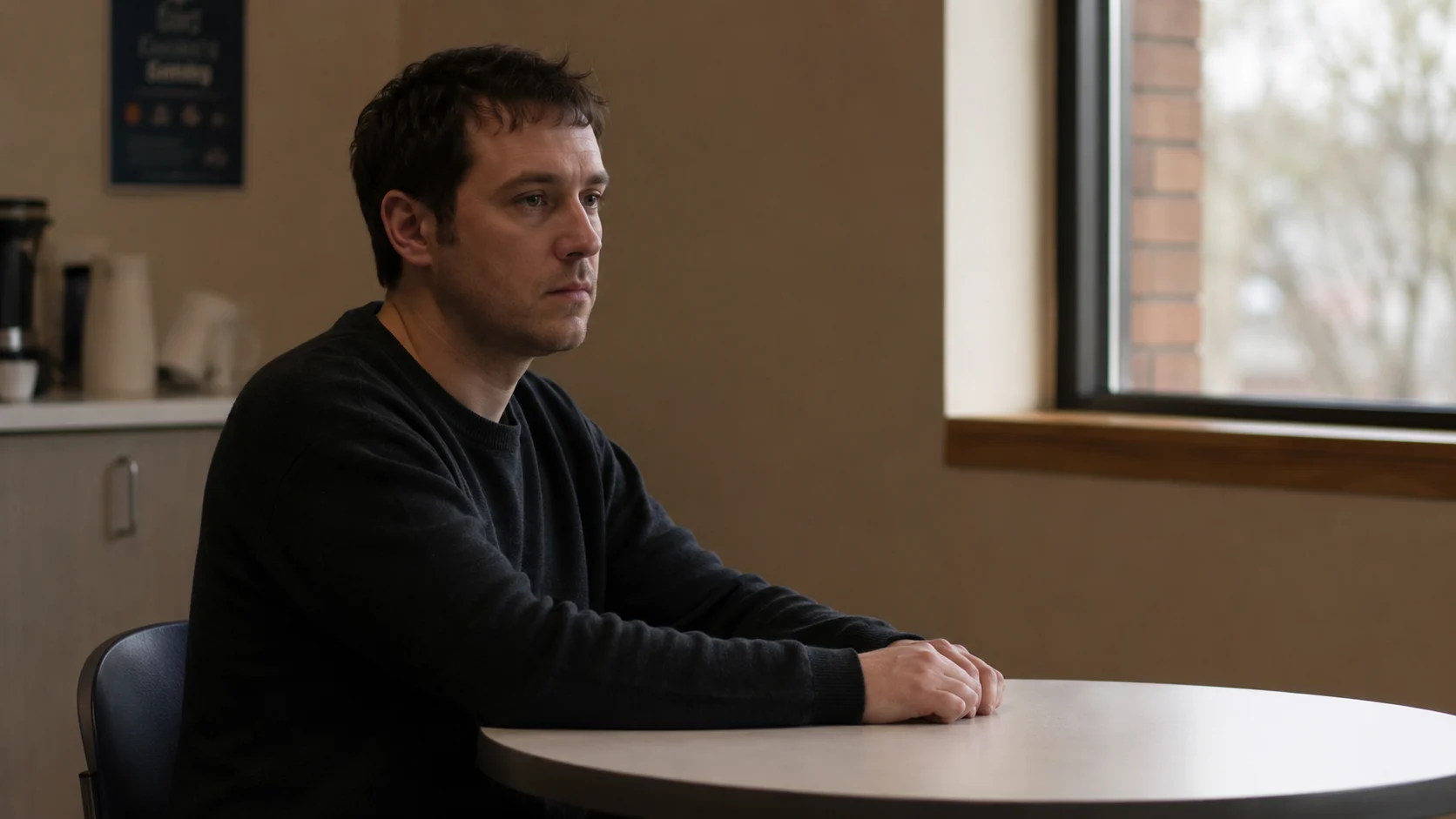 A person seated alone at a small table in a quiet office common area, hands resting still, face in three-quarter profile carrying a quality of composed internal pressure — the moment before something goes unsaid.