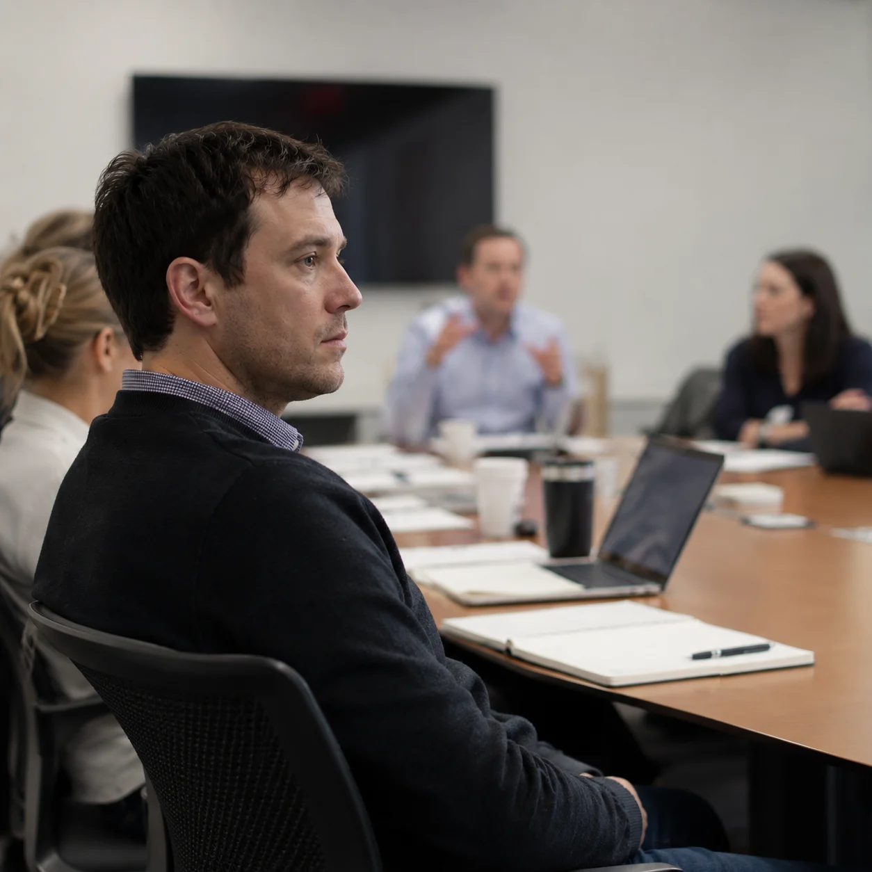 A person seated at a conference table during a meeting, attentive but visibly holding something back — composed expression, contained stillness — while a colleague speaks in soft focus in the background.