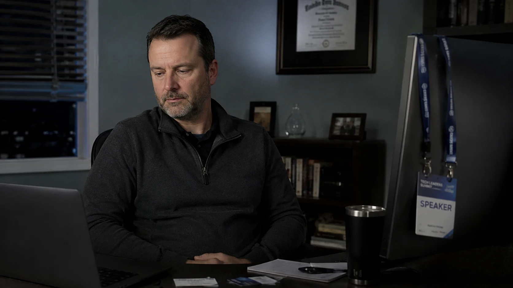 A man sits at a home office desk at night, looking away from his laptop, surrounded by visible markers of professional achievement — a framed credential, business cards, a lanyard — with an expression of quiet pause.