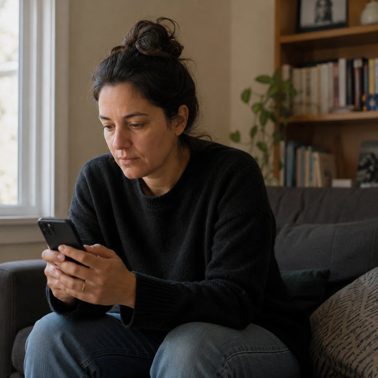 A person glancing at their phone in a quiet moment at home, posture slightly forward, expression attentive and slightly held, as if checking for something specific rather than browsing.