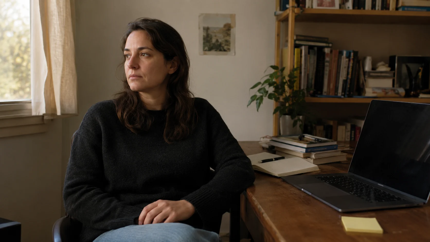 A person seated alone at a plain desk in a quiet home workspace, hands resting, looking toward a window in late afternoon light, posture still and unresolved after completing something.