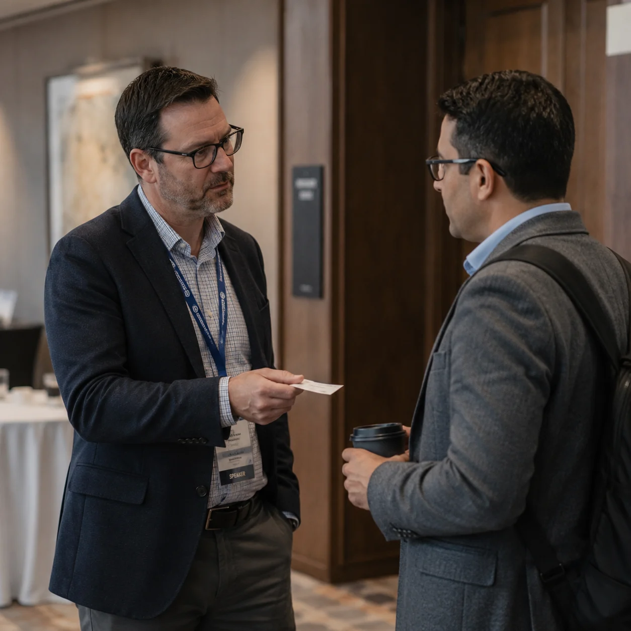 Two people in a brief professional exchange at an ordinary event space — one has just introduced themselves or handed over a business card, posture slightly forward with quiet attention to how the moment lands.