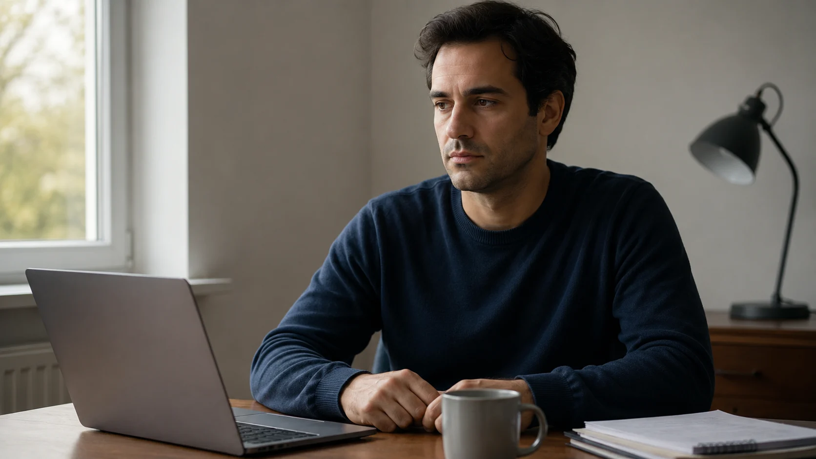 erson sits alone at a desk in a quiet room, hands resting, not yet working, expression inward and still.