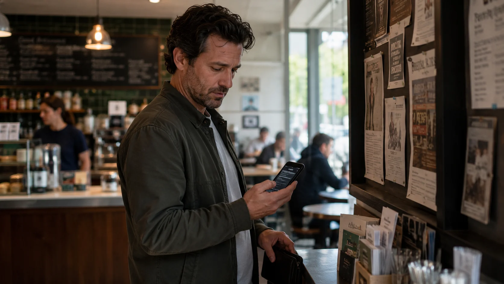 Person paused mid-errand while reading a short passage on their phone