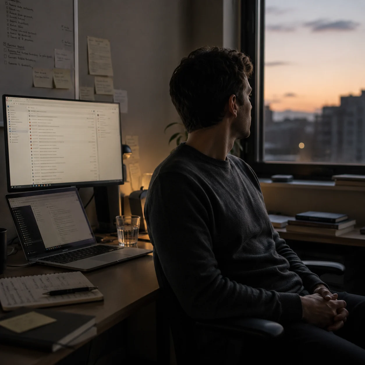 Person at desk at dusk, hands in lap, work still open but body turned slightly away from the screen
