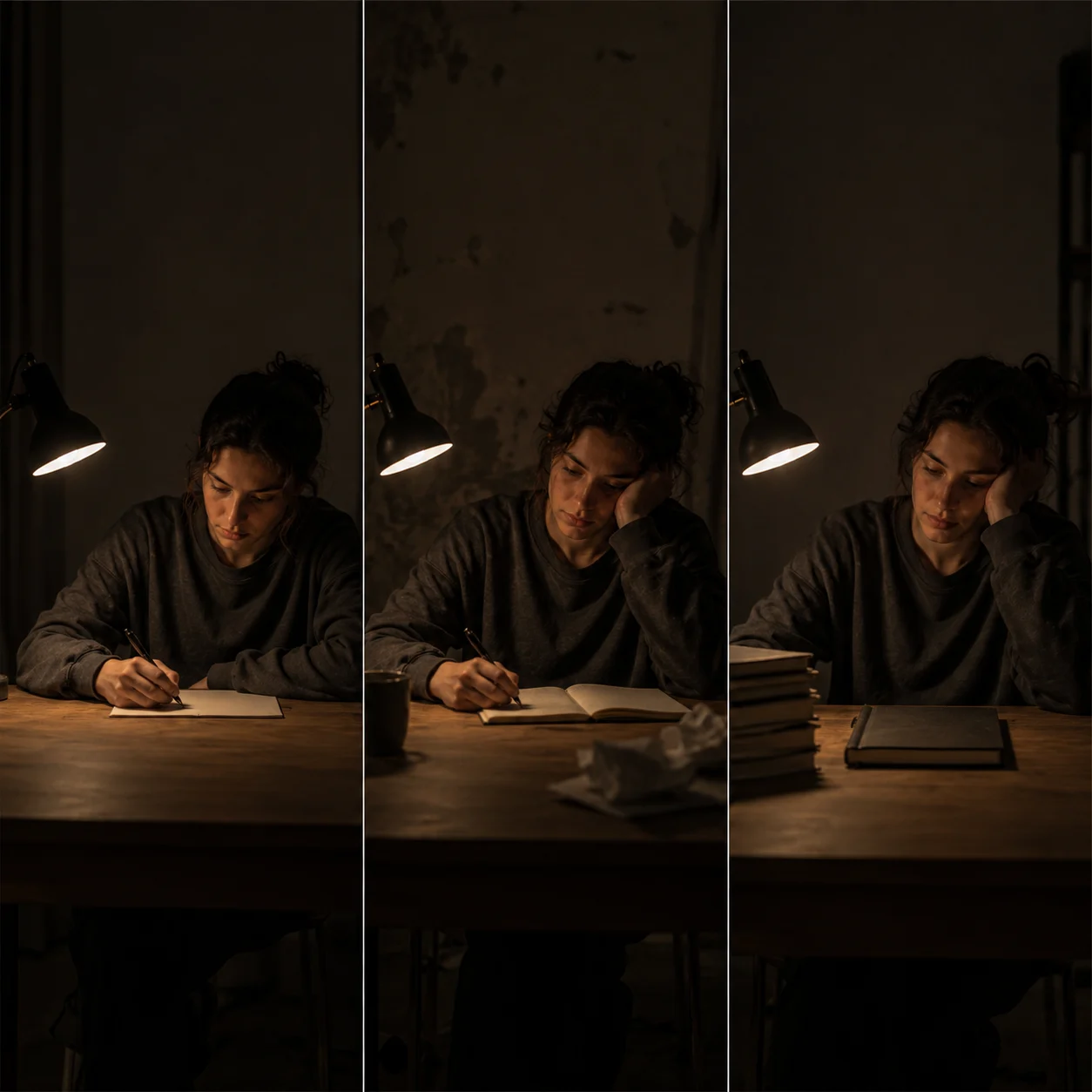 Three-panel strip showing the same person at a desk across time: empty start, invisible middle, quiet visible result.