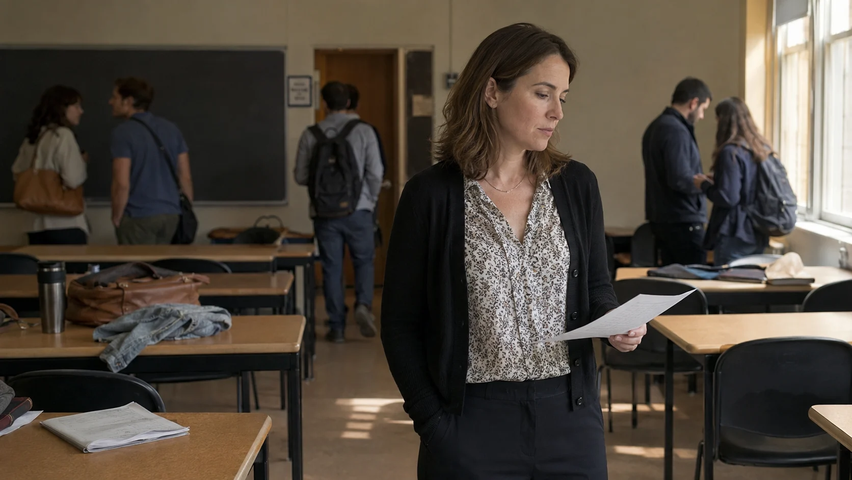 A teacher stands apart from departing students in a seminar room, holding a paper with completed assignment data, her expression unresolved despite the clean results.