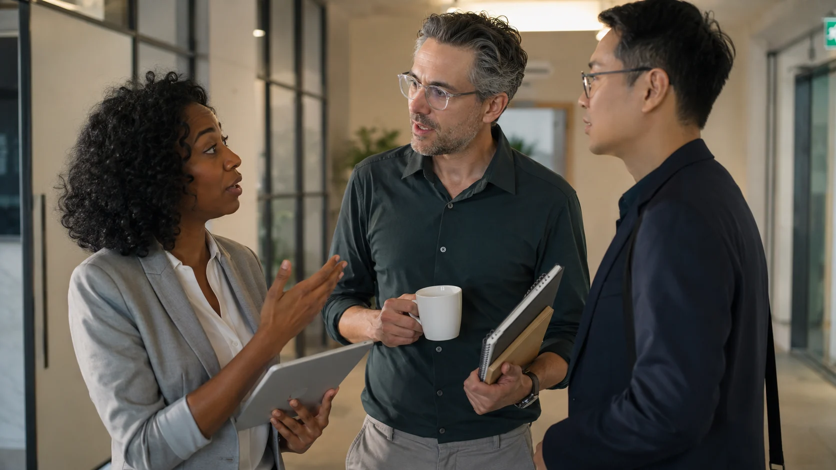 Person in office conversation leaning in to add something after a coworker speaks