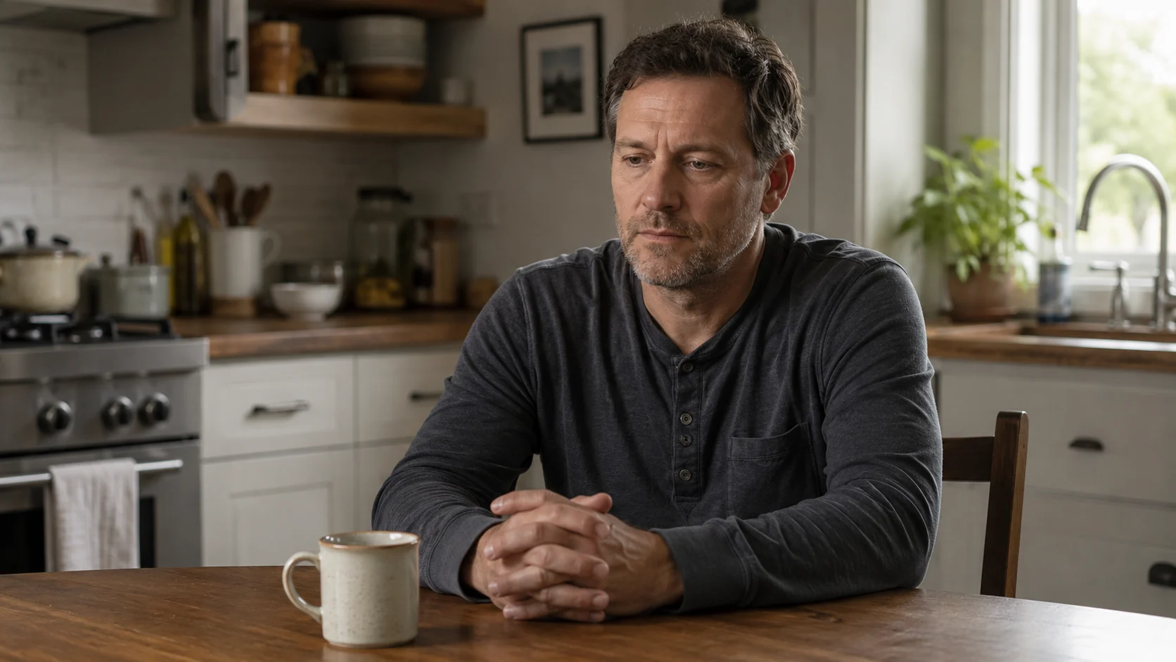 Person at kitchen table, hands still, gaze unfocused, mug untouched — weight present in ordinary stillness