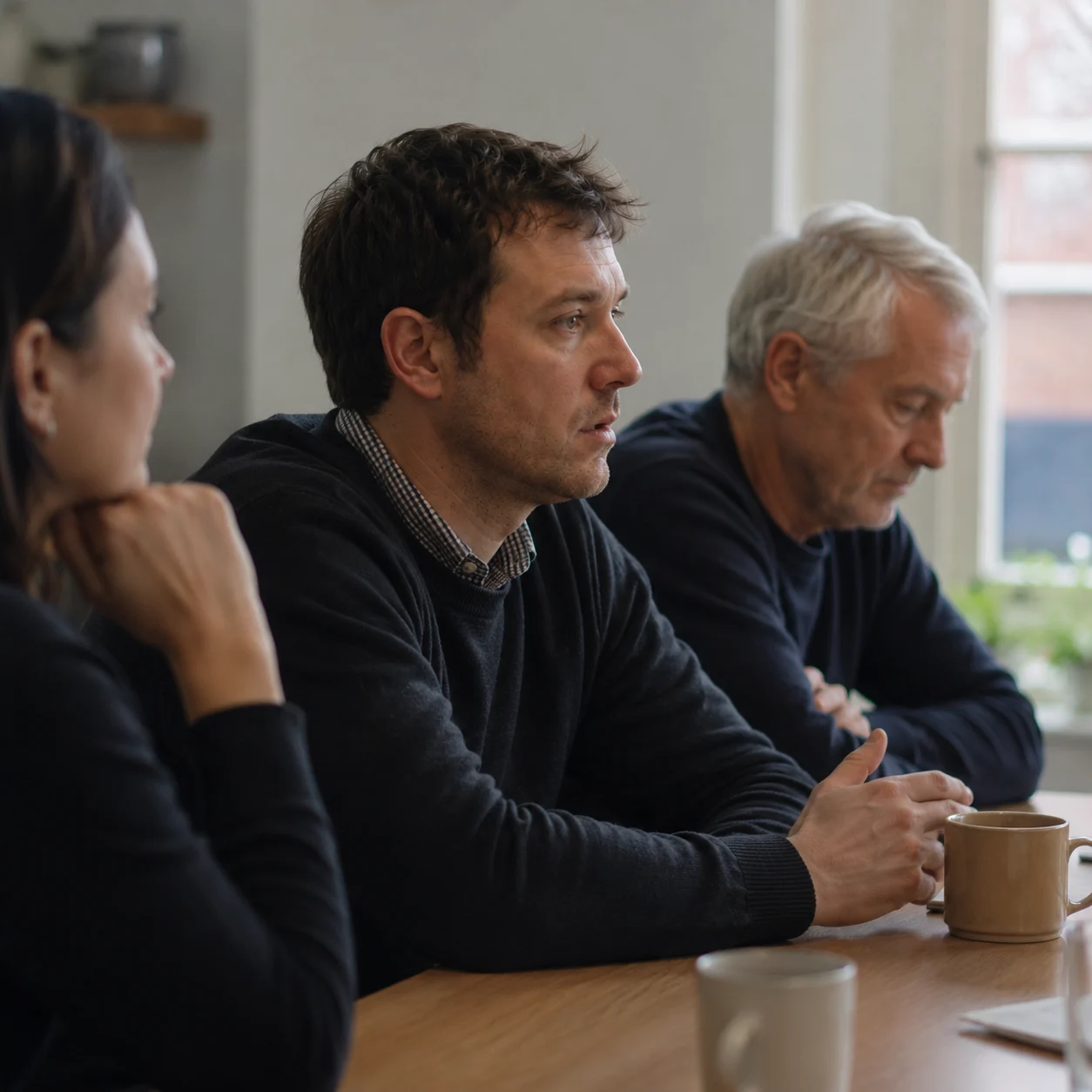 A person sits quietly at a table while others engage around them, their posture slightly withdrawn, present, but held back.