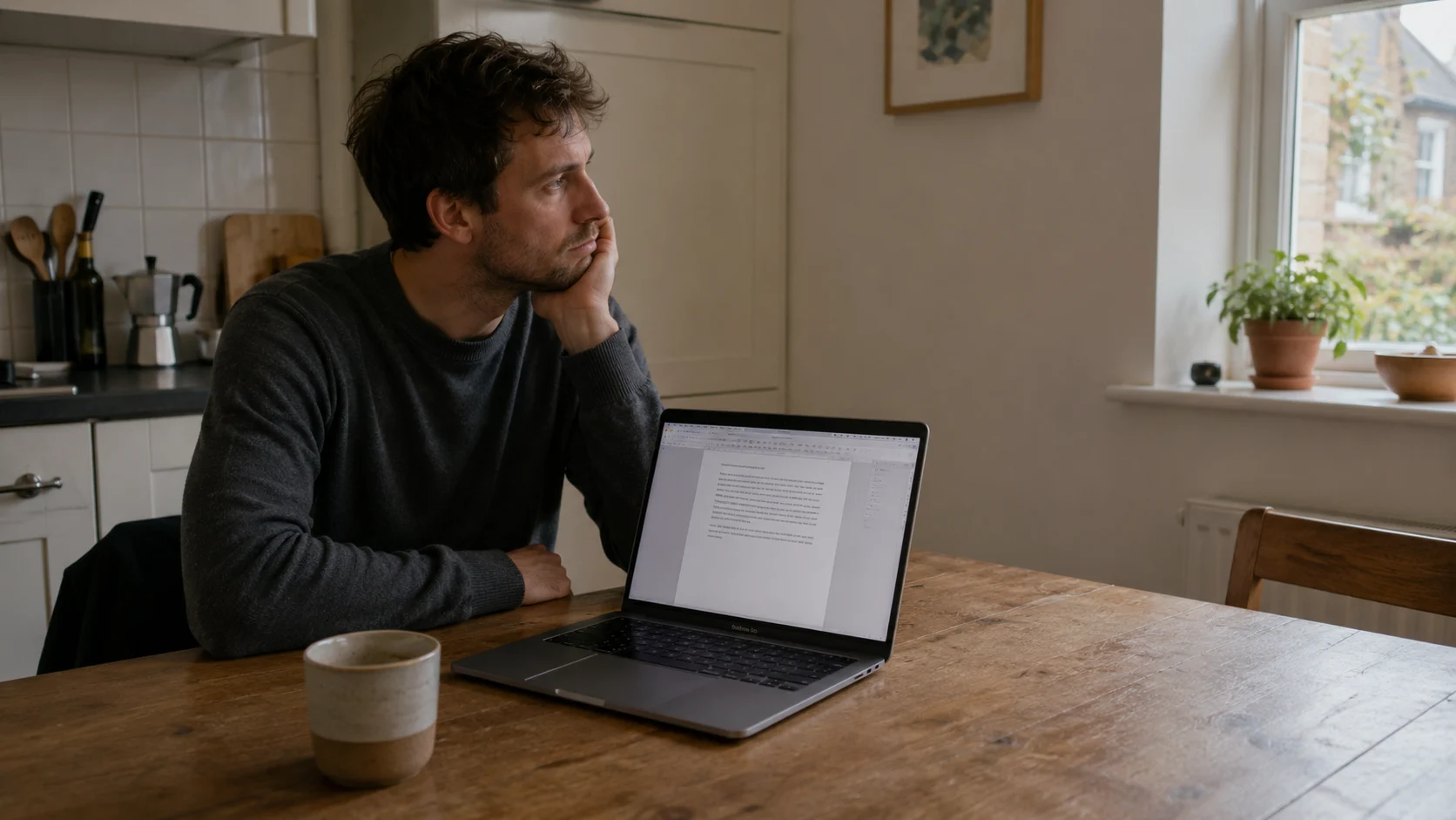 Person at kitchen table, hands away from laptop, work half-done, gaze slightly unfocused