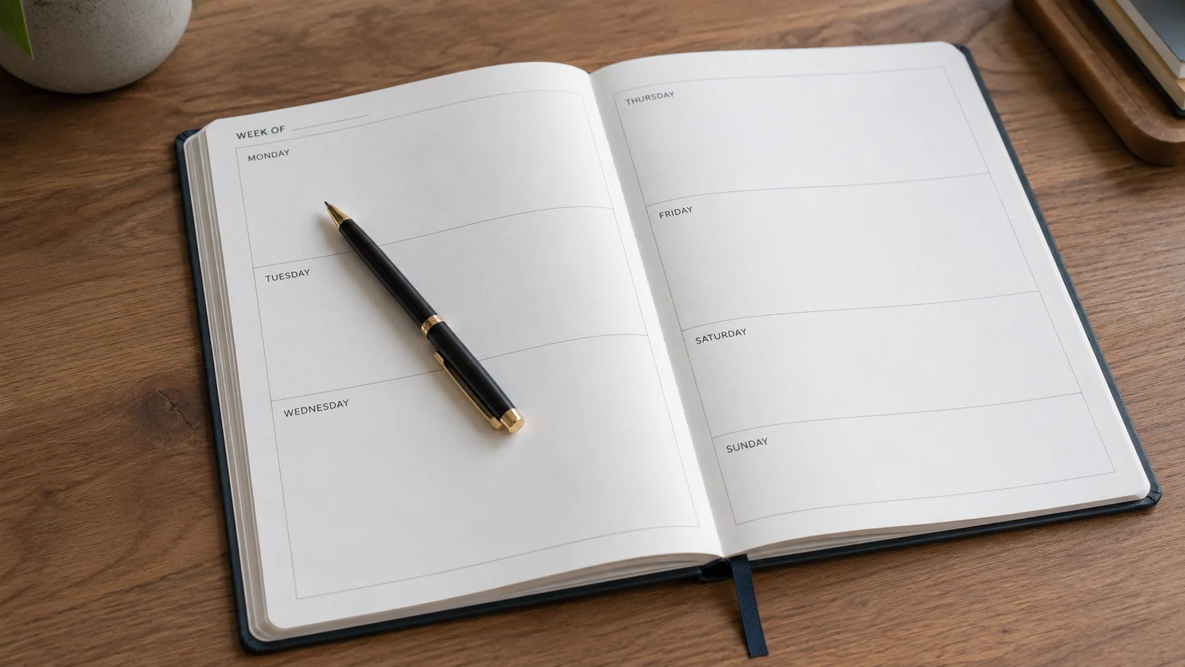 open planner with empty Monday box, pen resting just above it