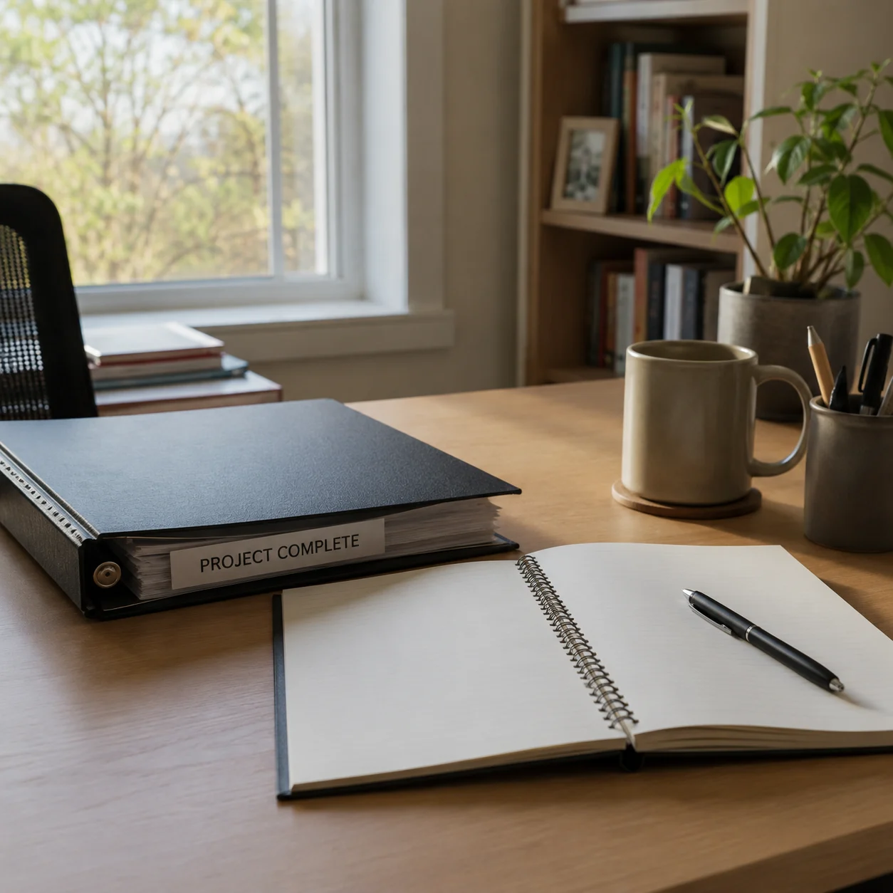 Finished project beside an open blank notebook waiting for the next effort