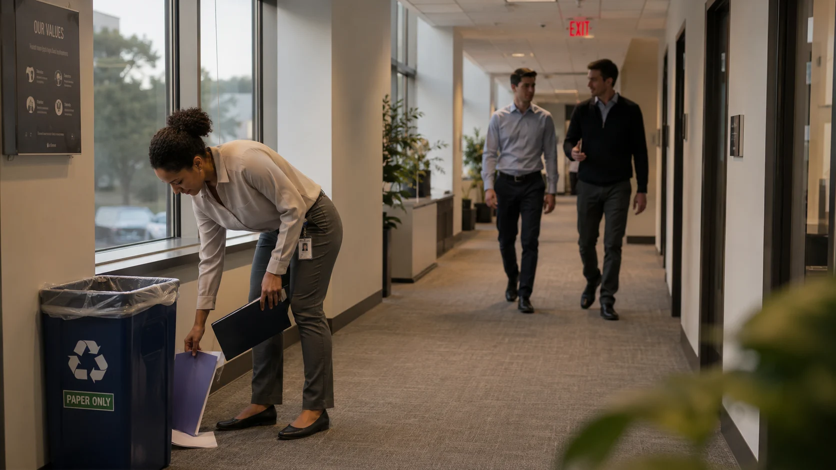 Person quietly picking up dropped papers in an office hallway.