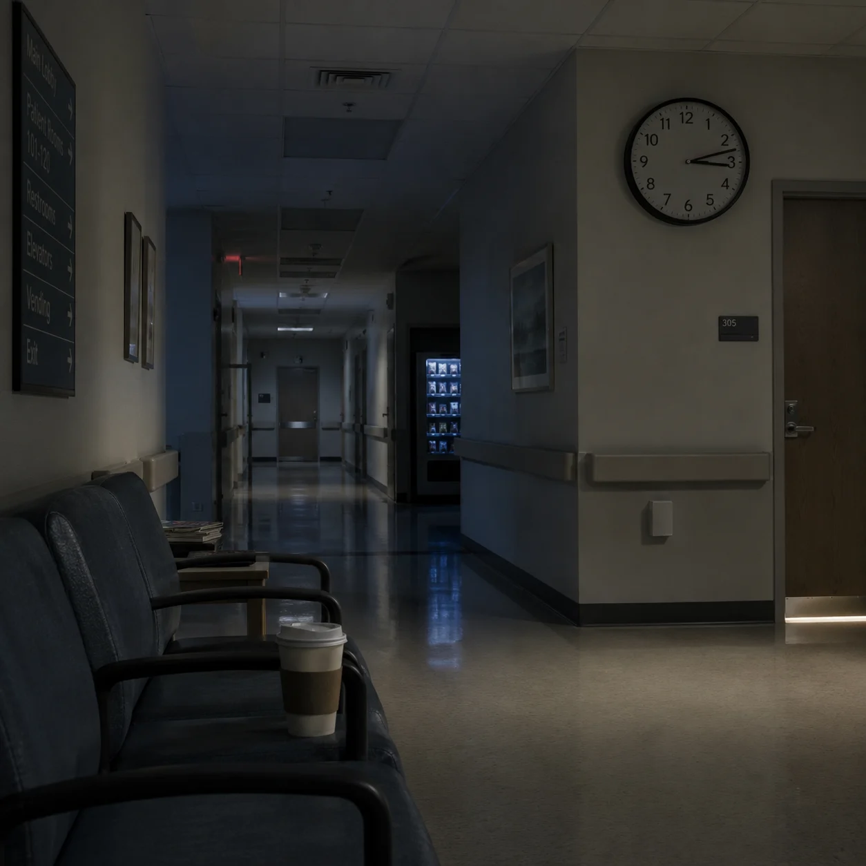 empty hospital hallway at night with a cold coffee cup on a chair