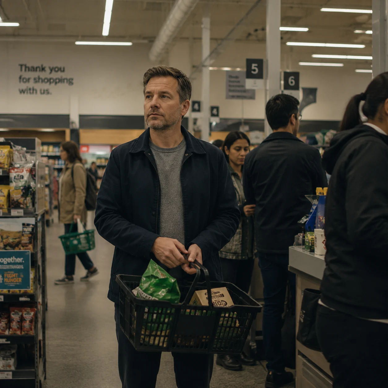 Person standing in grocery line, paused between tasks and looking slightly past the moment