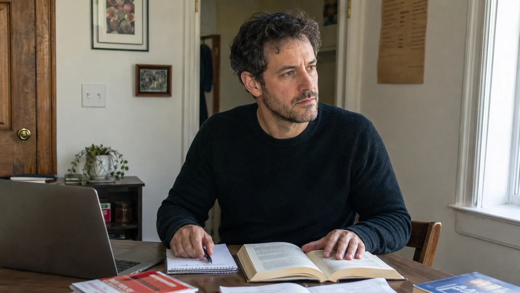 Person at kitchen counter, hand resting on phone mid-read, gaze shifted slightly off the screen