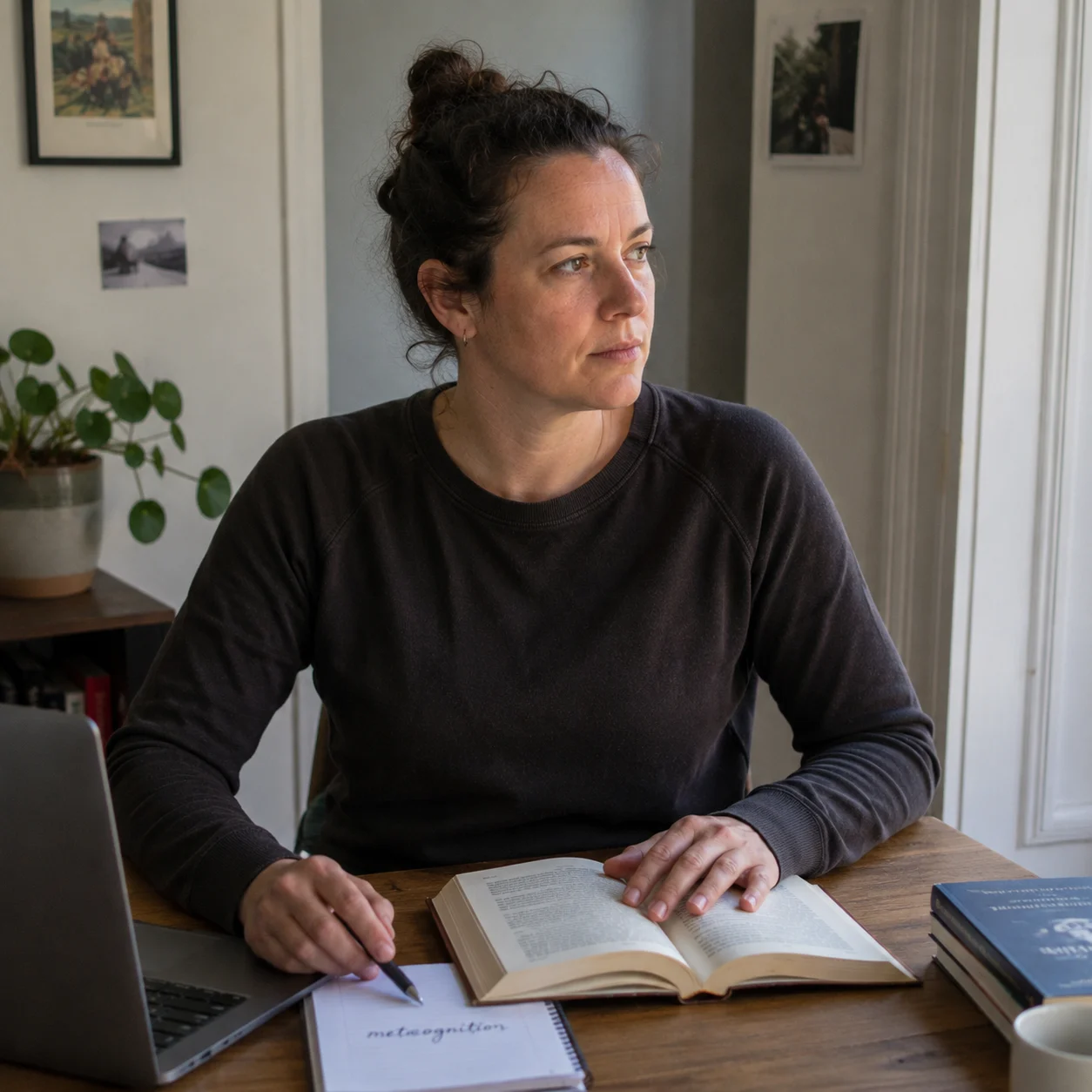 Person paused mid-page in an open book, one hand holding their place, gaze past the desk
