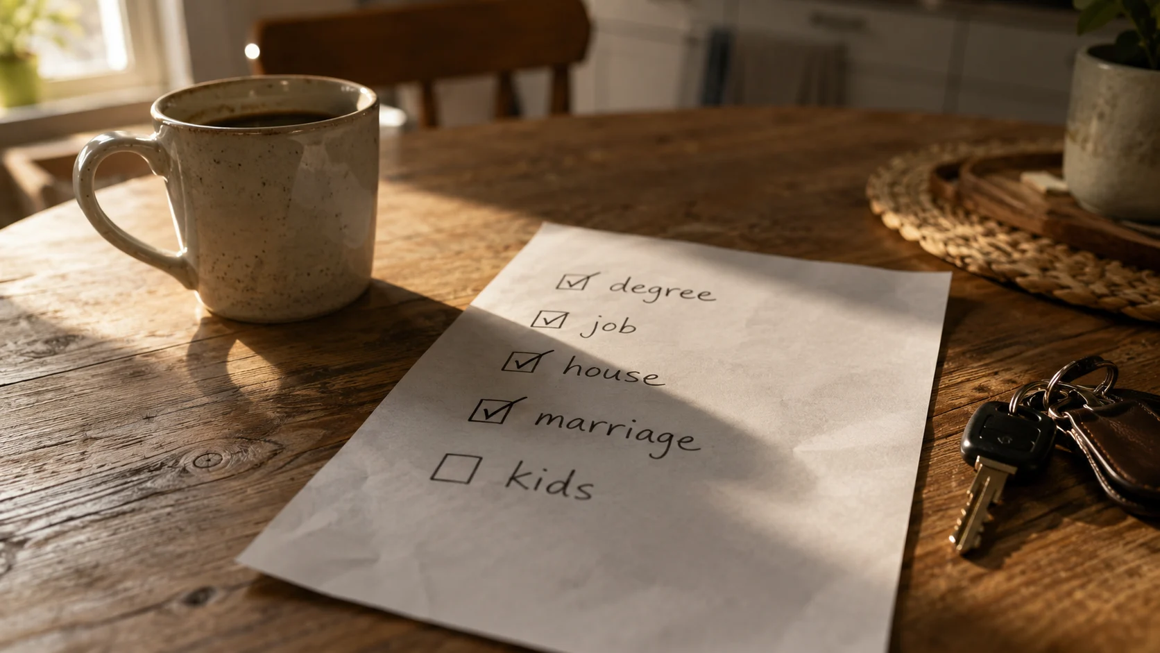 Handwritten checklist on a kitchen table, most boxes checked off