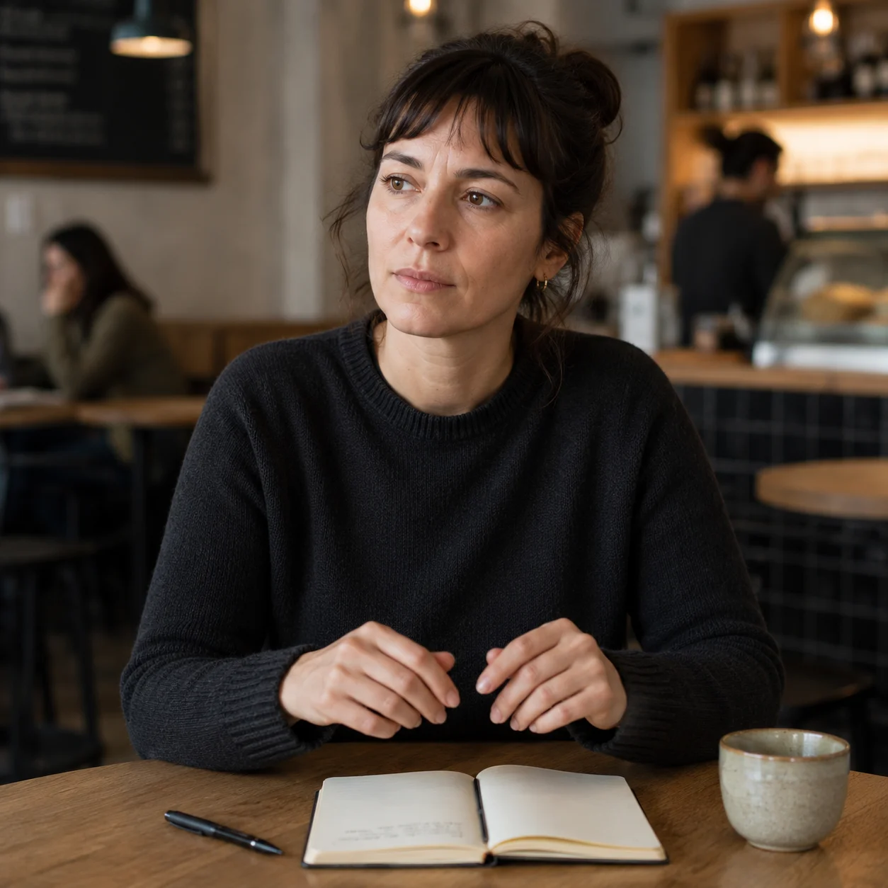 Person at café table, pen down beside notebook, attention just off the page, paused without deciding to pause